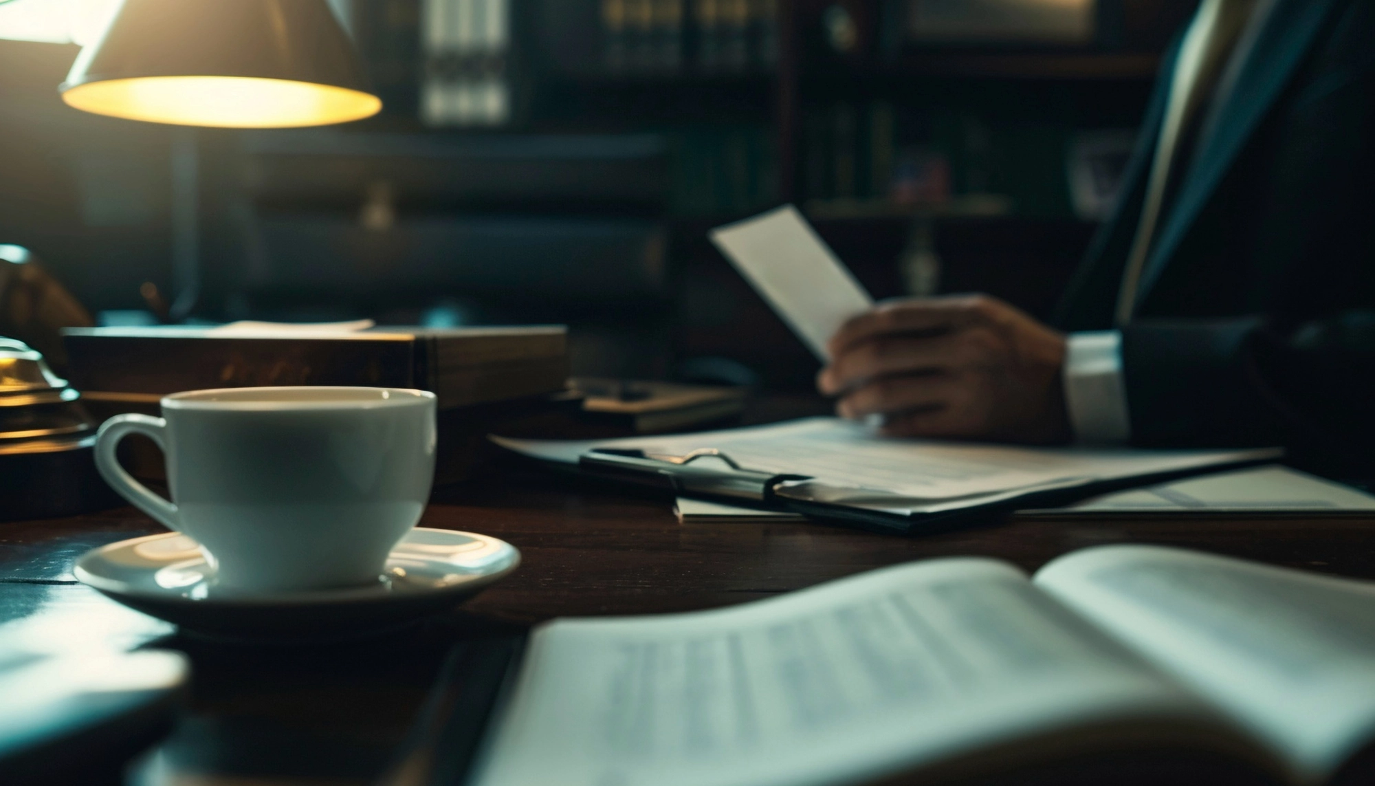 Documentos jurídicos e xícara de café sobre mesa de escritório de advocacia