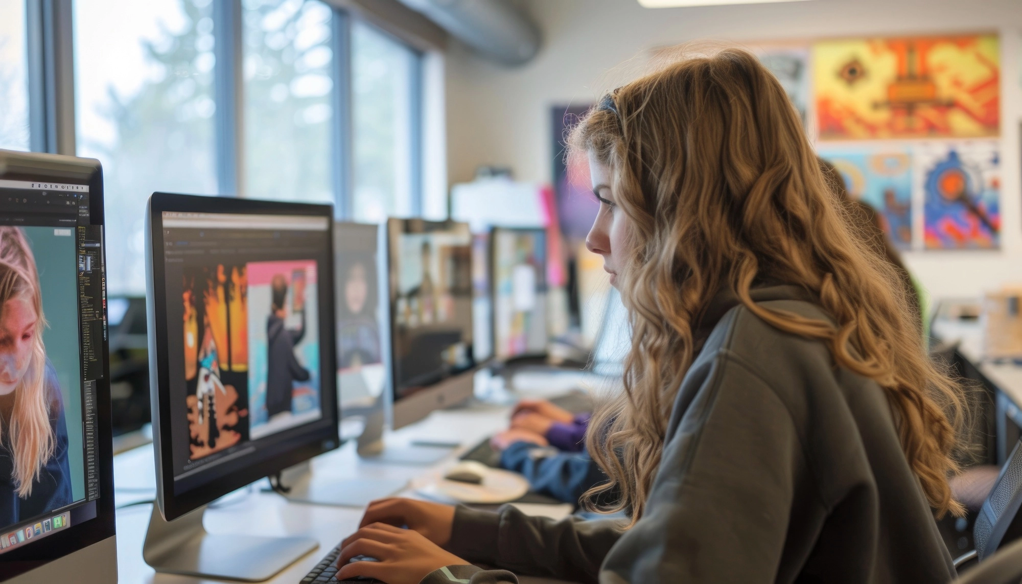 Designer analisando peças visuais de uma apresentação em múltiplos monitores