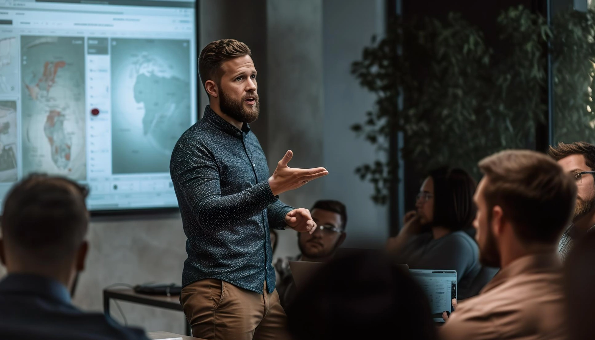 Empreendedor apresentando dados de mercado para um grupo de investidores