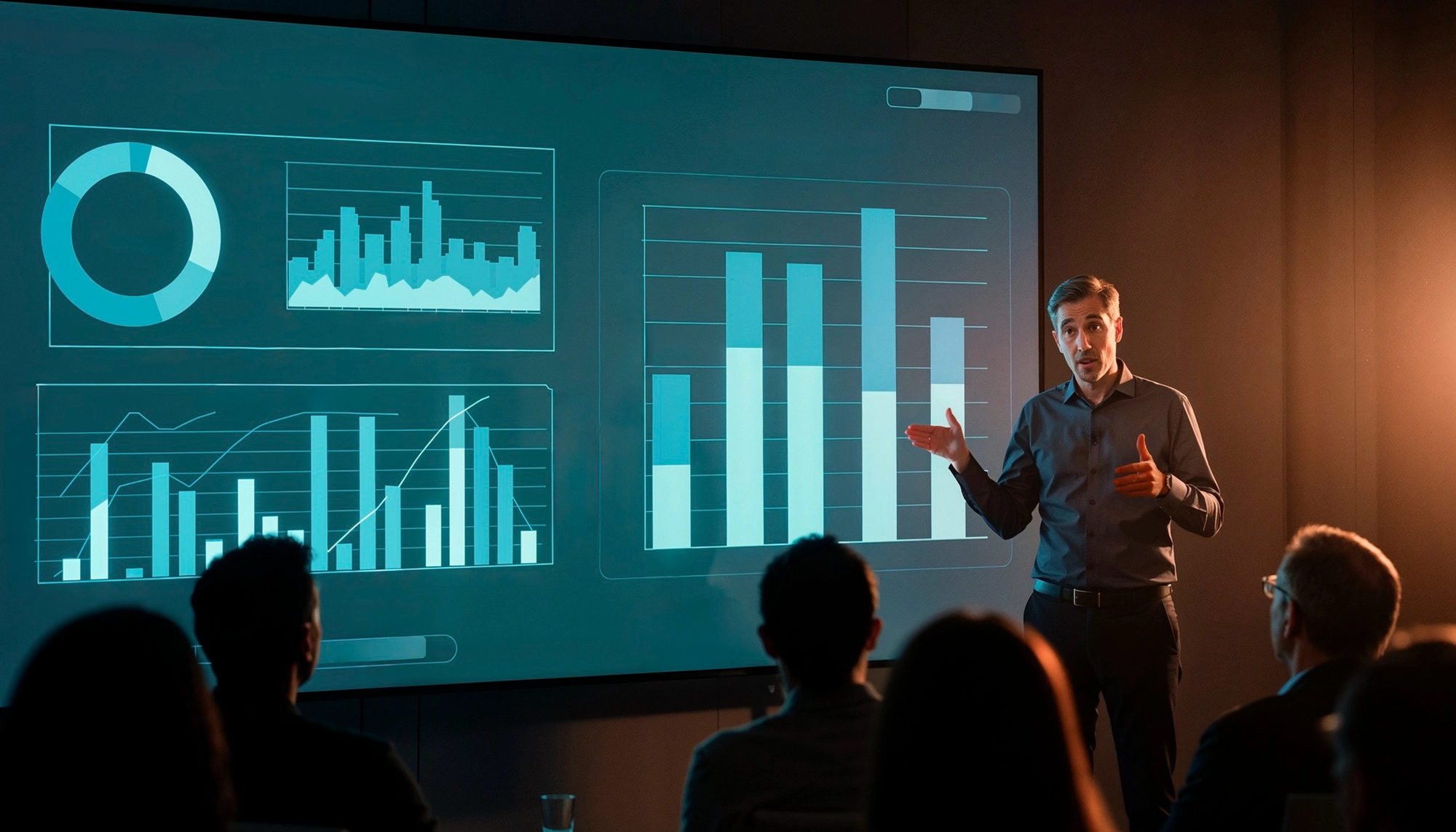 Apresentador explicando gráficos e dados organizados visualmente em uma tela